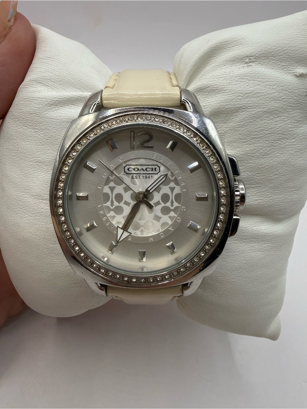 Coach Signature Silver Boyfriend Watch with Crystal Bezel & Cream Leather Strap